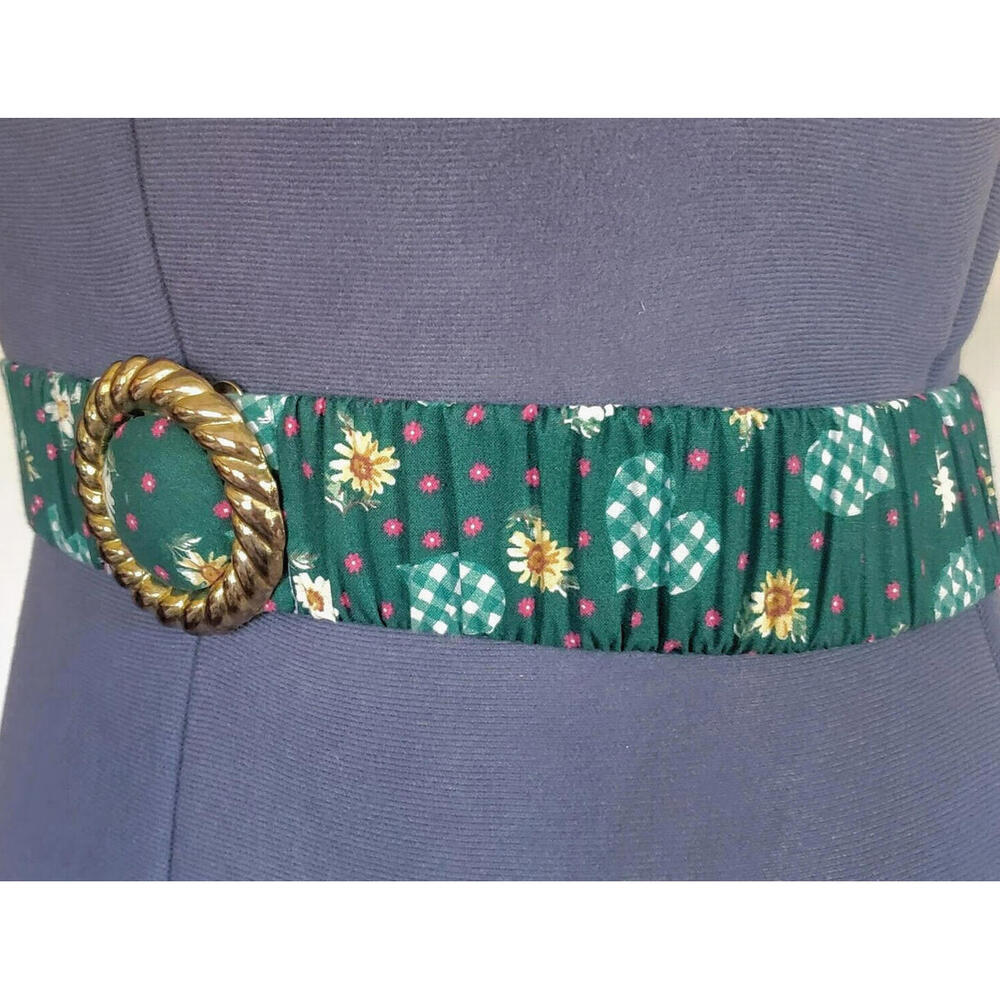 Vintage 70s Wide Fabric Stretch Boho Belt Green Yellow Floral Hearts 25" S/M
